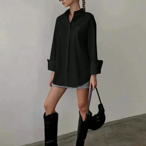 Black Casual Women's Loose Long Sleeved Shirt - Picture 3 of 3